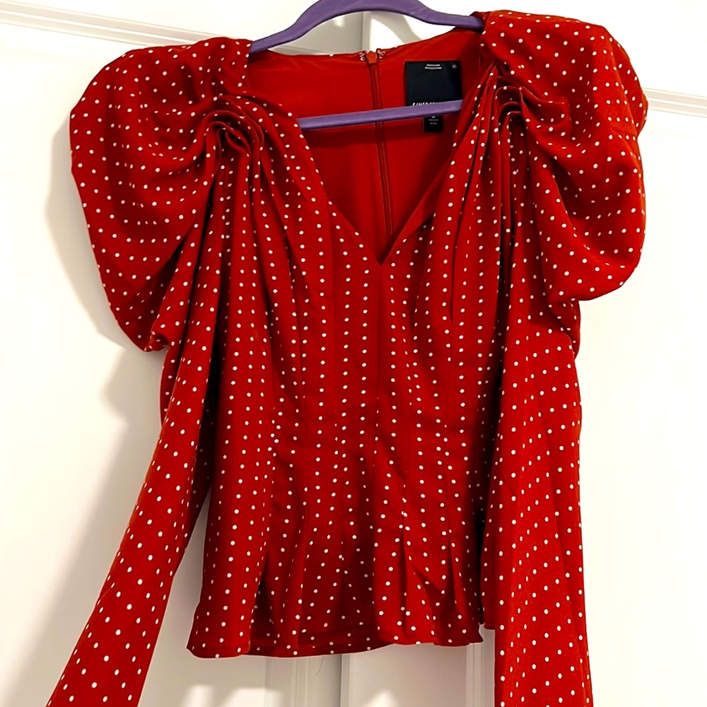 Beautiful red , white polka dot blouse with beautiful pleats & shoulder details